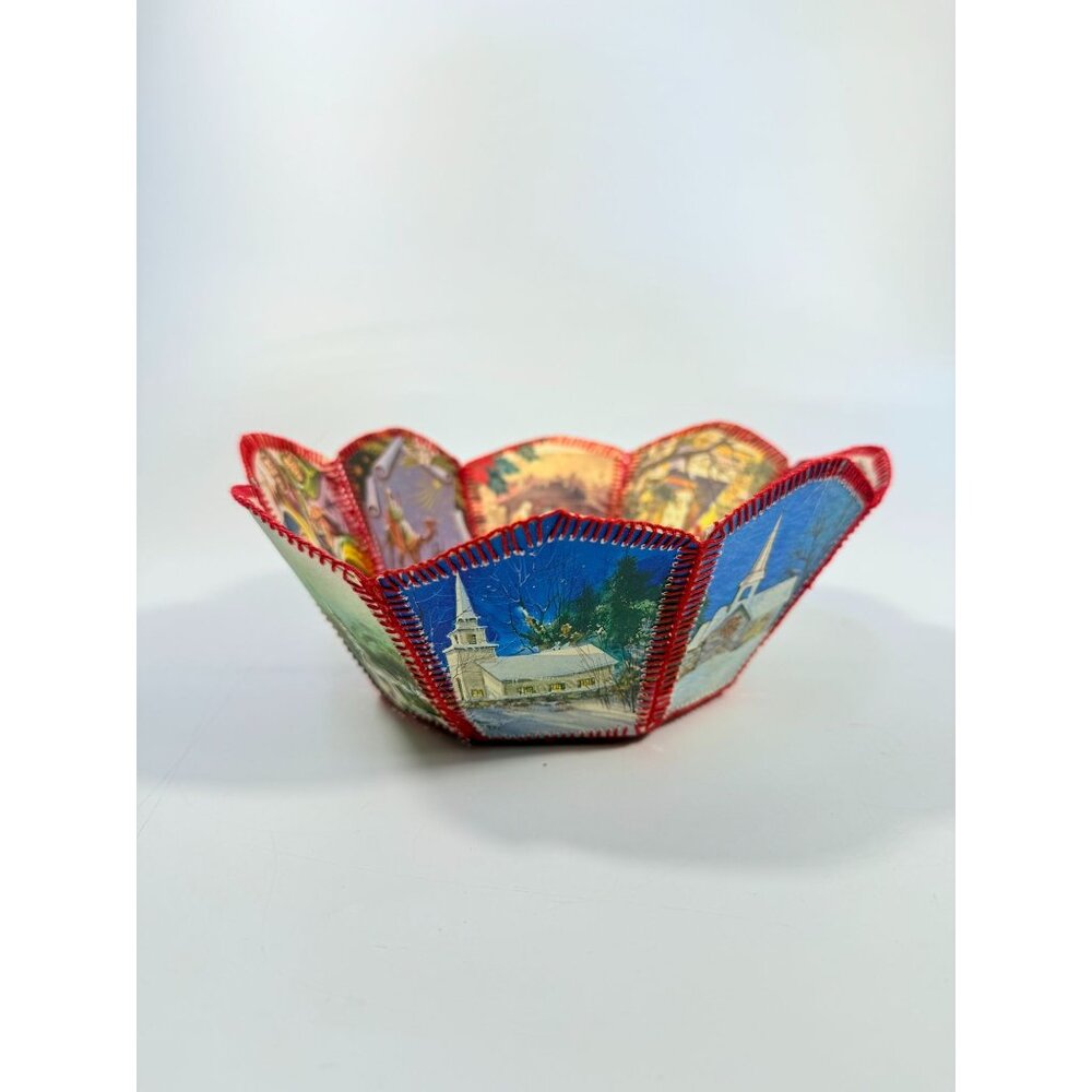 Christmas Card Basket Vintage Handmade Crochet Greeting Card Basket Bowl Christm - Picture 3 of 16